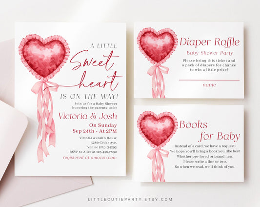 Editable Little Sweetheart Baby Shower Invitation, Valentines Baby Shower Invite with Diaper Raffle, Books for Baby and Tag SWHBS002