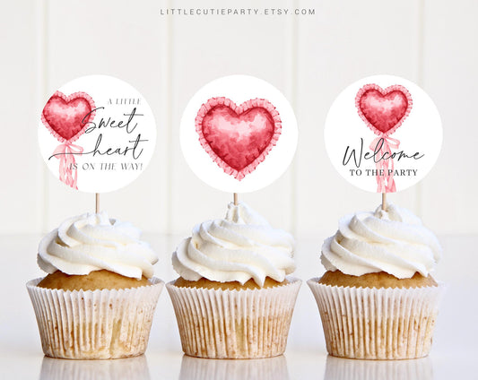 Editable Valentines Cake Topper, Little Sweetheart Baby Shower Cupcake Toppers, for Heart Baby Shower Decorations SWHBS002
