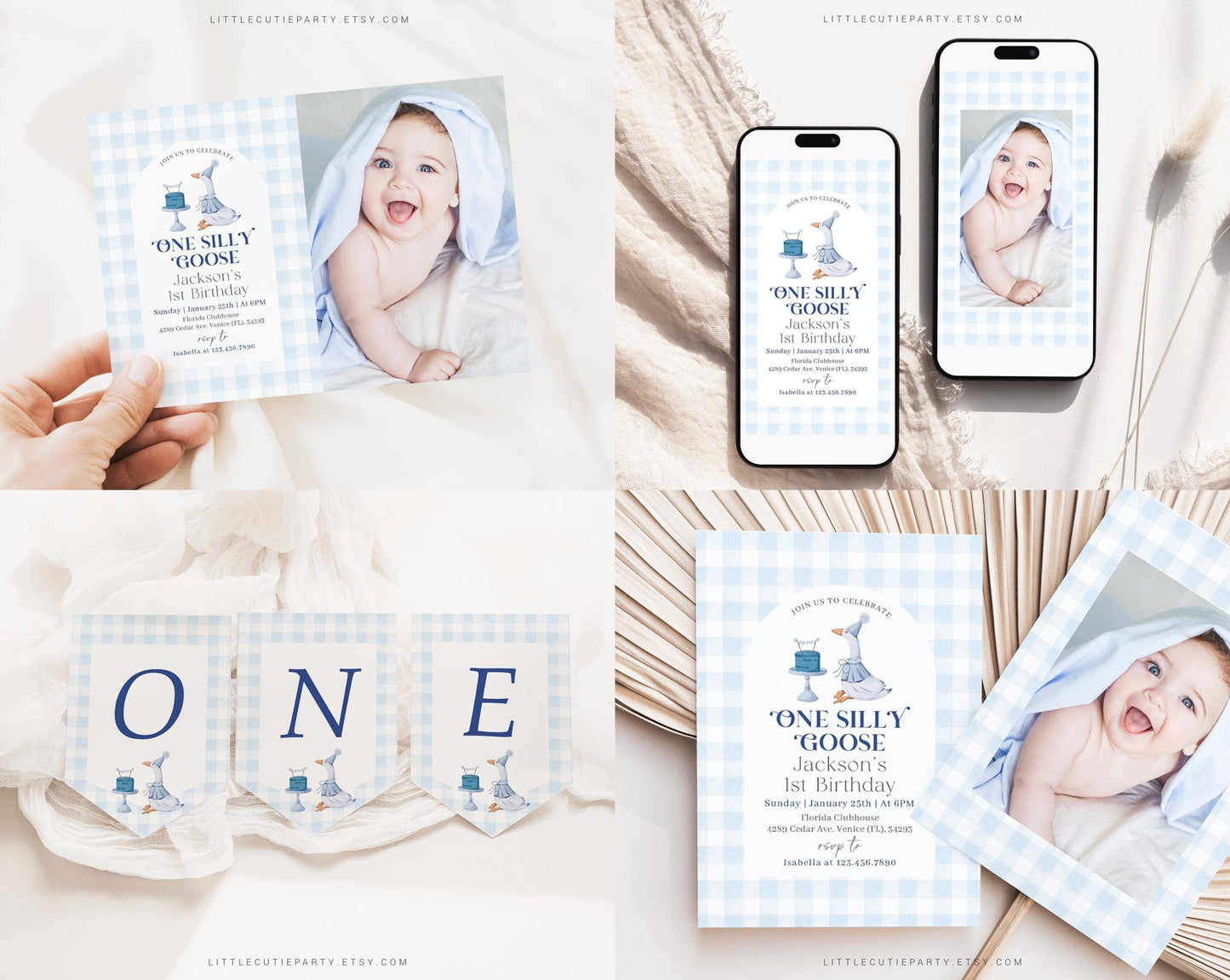 Editable One Silly Goose First Birthday Invitation Bundle, One Silly Goose Birthday Boy Invite, Blue Goose First Birthday Bundle GOSBD002