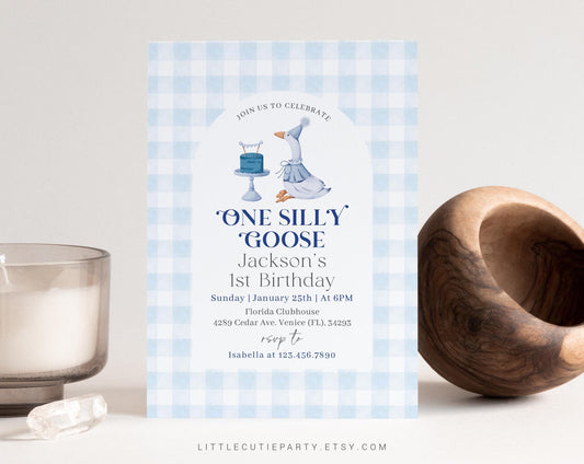 Editable One Silly Goose Birthday Invitation Invitation, Boy 1st Birthday Pink Invitation, Blue Goose First Birthday Card with Tag GOSBD002