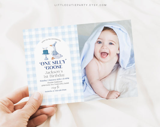 Editable One Silly Goose Birthday Invitation with Picture, Boy Goose 1st Birthday Invite, Blue Goose First Birthday with Gift Tag GOSBD002