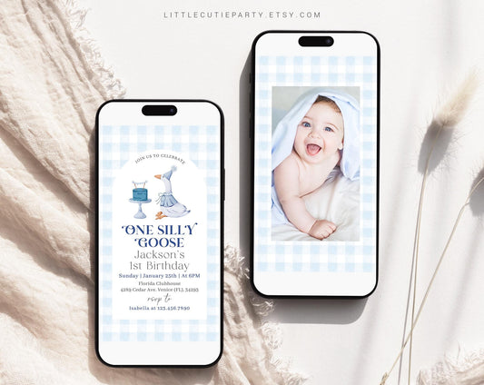 Editable One Silly Goose Birthday Boy Invite, Boy 1st Birthday Blue Evite Template with Picture, One Silly Goose Evite with Tag GOSBD002