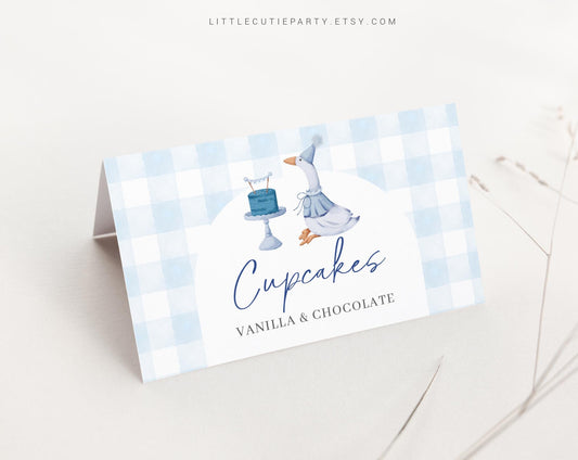 Editable Blue Goose Food Labels, Food Tent cards, Folded Food Cards for One Silly Goose Birthday Boy Decorations Theme GOSBD002