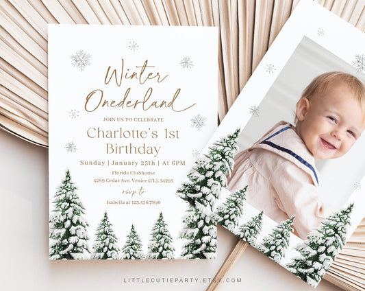 Editable Winter One-derland Birthday Invitation with Picture, Winter First Birthday Invitation, Winter Invitation with Favor Tag WIOBD001