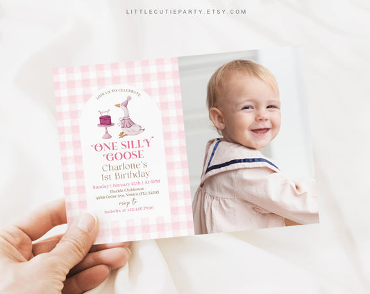 Editable One Silly Goose Birthday Invitation with Picture, Goose 1st Birthday Invite, Goose First Birthday with Gift Tag GOSBD001