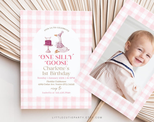 Editable One Silly Goose Birthday Invitation with Picture, Goose First Birthday Invitation, Goose Girl Birthday Invitation with Tag GOSBD001