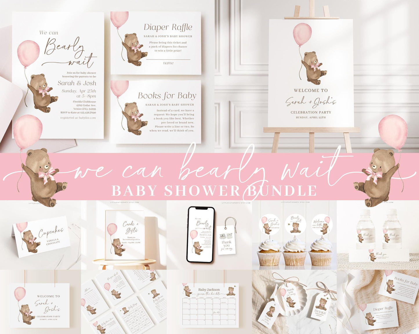 Editable We Can Bearly Wait Girl Baby Shower Invitation, Bearly Wait Pink Baby Shower Bundle, Game Bundle, with Shower Activity BRWBS003