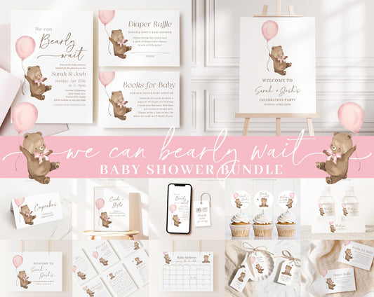 Editable We Can Bearly Wait Girl Baby Shower Invitation, Bearly Wait Pink Baby Shower Bundle, Game Bundle, with Shower Activity BRWBS003
