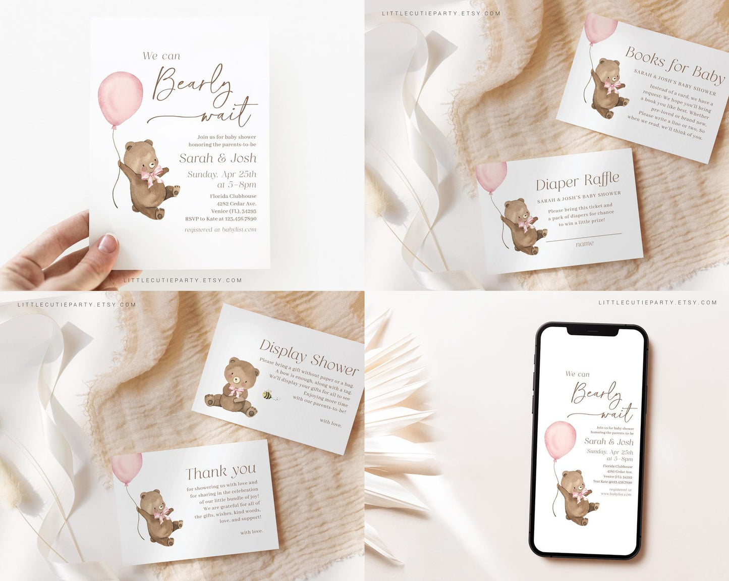 Editable We Can Bearly Wait Girl Baby Shower Invitation, Bearly Wait Pink Baby Shower Bundle, Game Bundle, with Shower Activity BRWBS003
