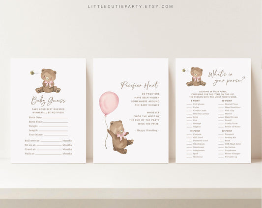 Editable Bearly Wait Girl Baby Shower Games, We Can Bearly Wait Pink Baby Shower Games Bundle, Baby Shower Activity BRWBS003