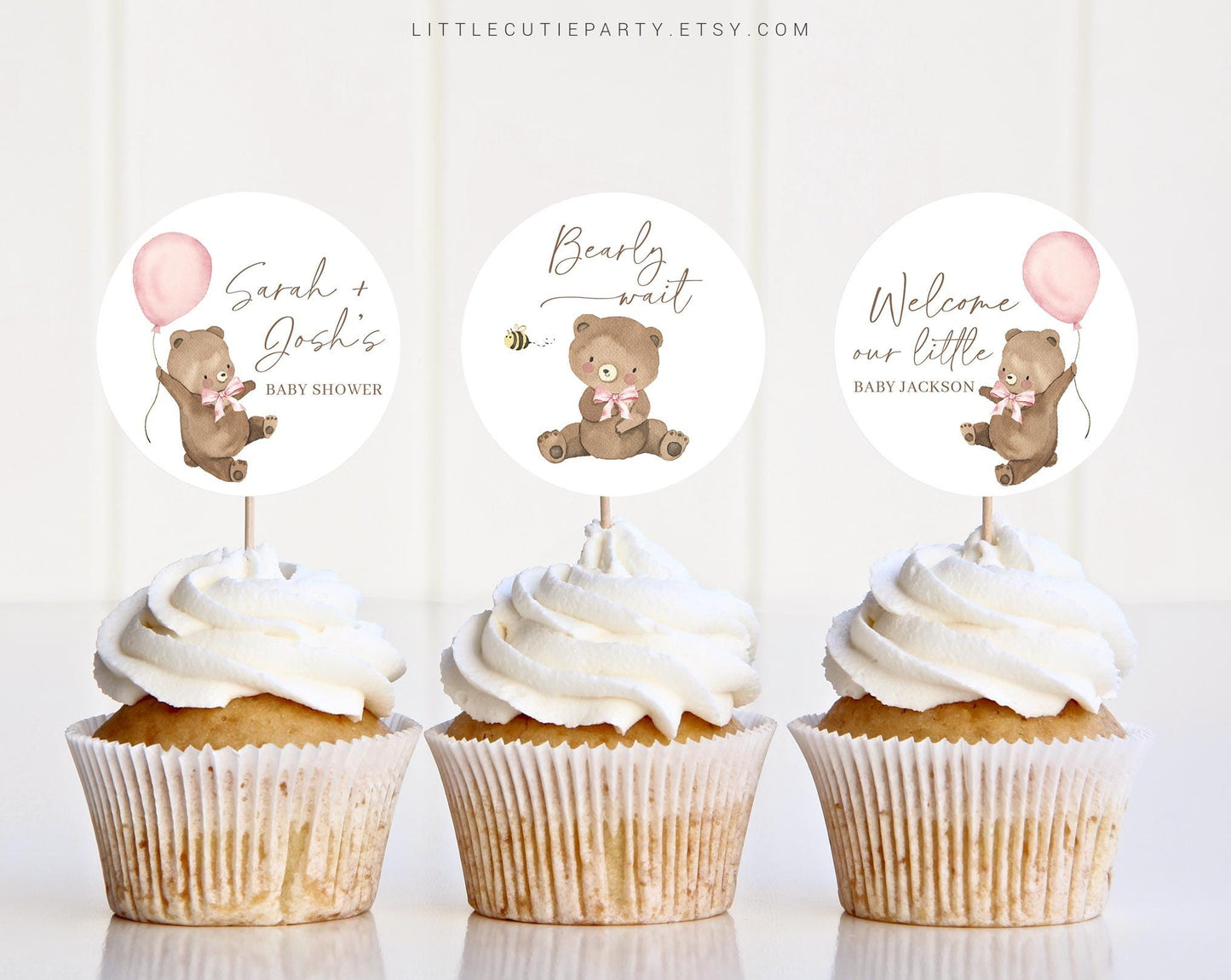 Editable Bearly Wait Girl Cake Topper, We Can Bearly Wait Pink Cupcake Toppers, Baby Shower Cake Topper for Bearly Wait Decor BRWBS003