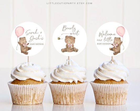 Editable Bearly Wait Girl Cake Topper, We Can Bearly Wait Pink Cupcake Toppers, Baby Shower Cake Topper for Bearly Wait Decor BRWBS003