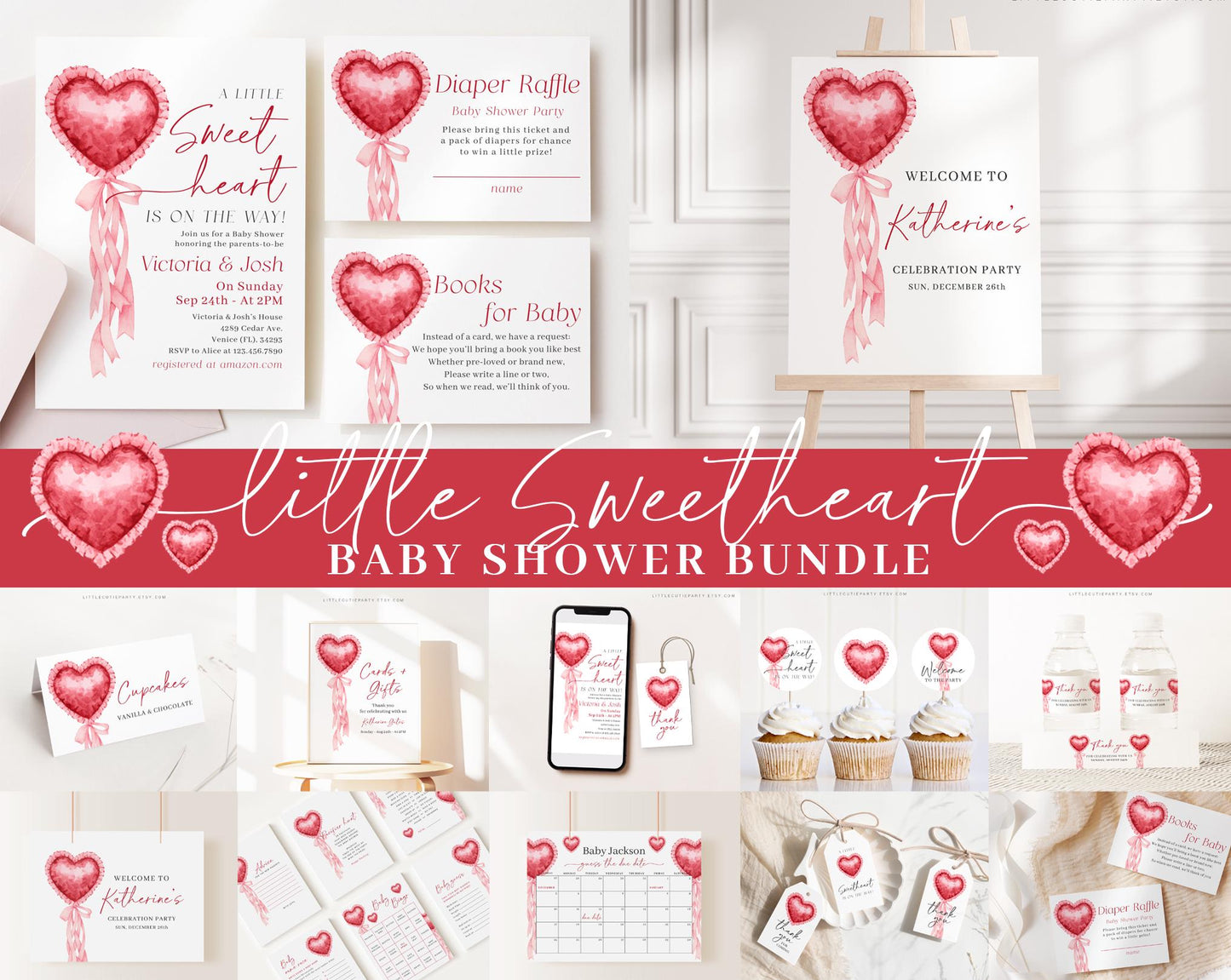 Editable Little Sweetheart Baby Shower Invitation Bundle, Valentine Baby Shower Invite, Hearts Baby shower with Games and Decor SWHBS002