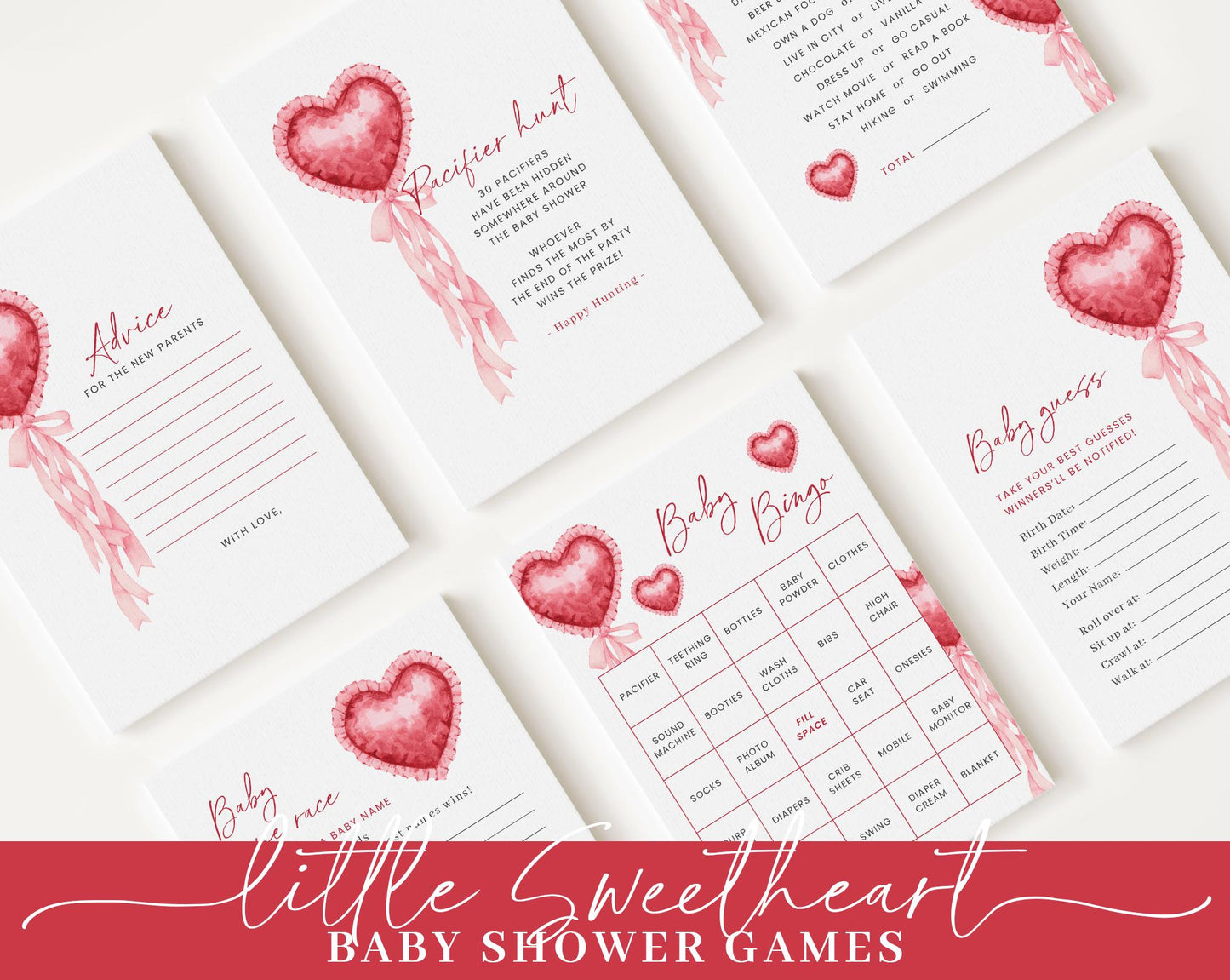 Editable Little Sweetheart Baby Shower Invitation Bundle, Valentine Baby Shower Invite, Hearts Baby shower with Games and Decor SWHBS002