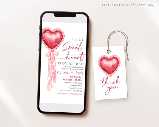 Editable Valentines Baby Shower Invite, Little Sweetheart Baby Shower Invite Set, Heart Digital Invitation Evite SWHBS002