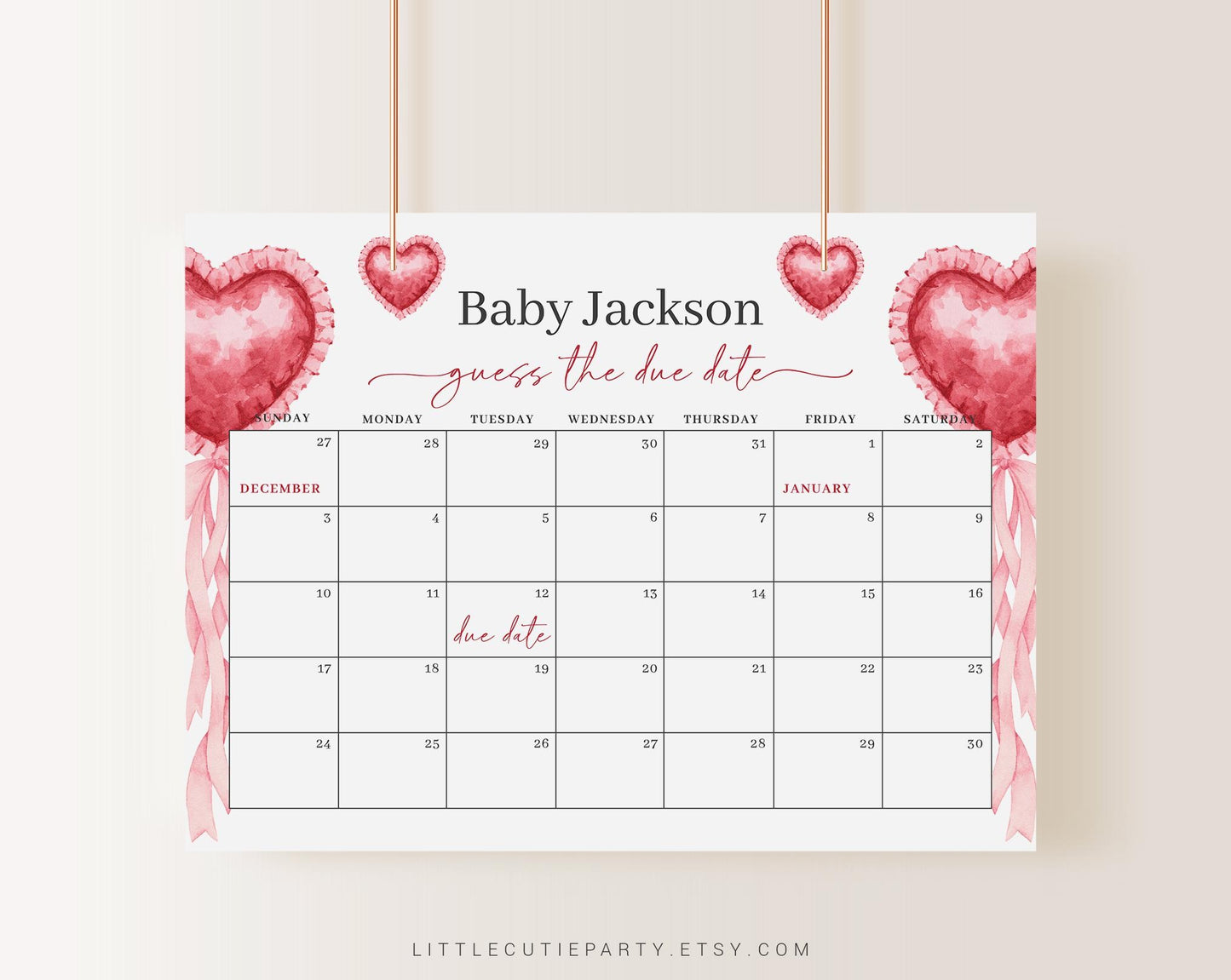 Editable Little Sweetheart Baby Shower Due Date Calendar, Valentines Baby Games, Due Date Calendar for Valentines Theme SWHBS002