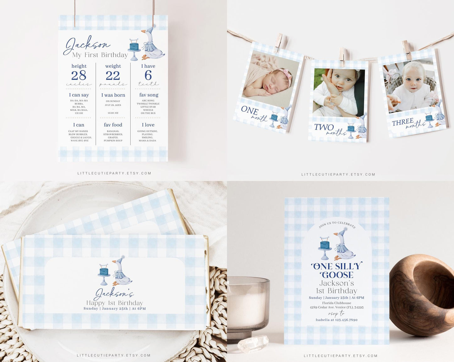 Editable One Silly Goose First Birthday Invitation Bundle, One Silly Goose Birthday Boy Invite, Blue Goose First Birthday Bundle GOSBD002
