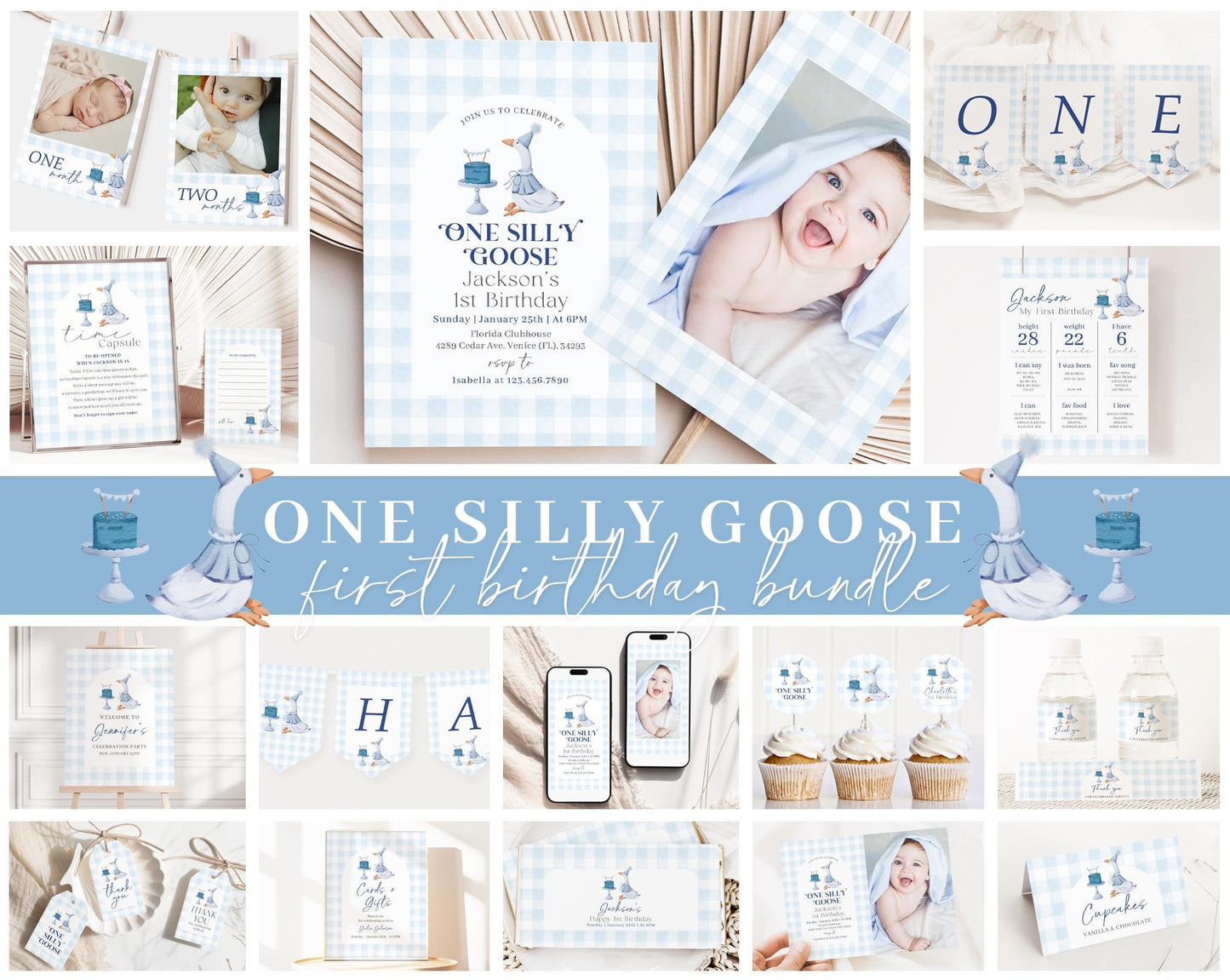Editable One Silly Goose First Birthday Invitation Bundle, One Silly Goose Birthday Boy Invite, Blue Goose First Birthday Bundle GOSBD002