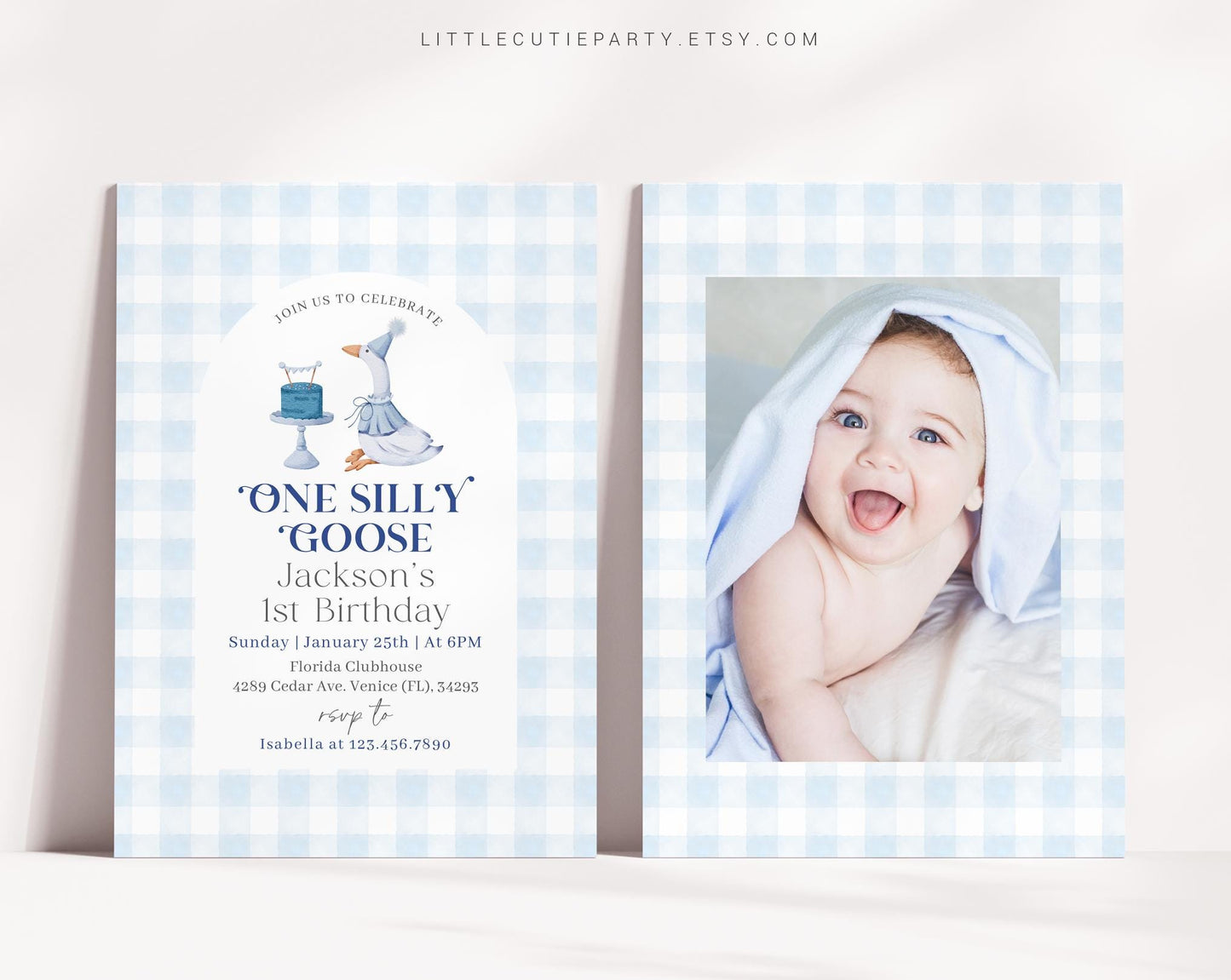 Editable One Silly Goose Birthday Invitation with Picture, Goose First Birthday Invitation, Goose Boy Birthday Invitation with Tag GOSBD002