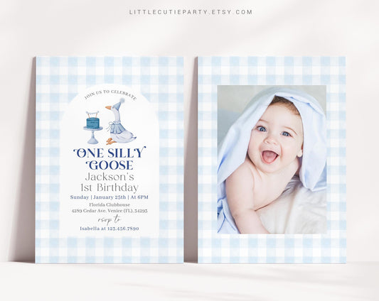 Editable One Silly Goose Birthday Invitation with Picture, Goose First Birthday Invitation, Goose Boy Birthday Invitation with Tag GOSBD002