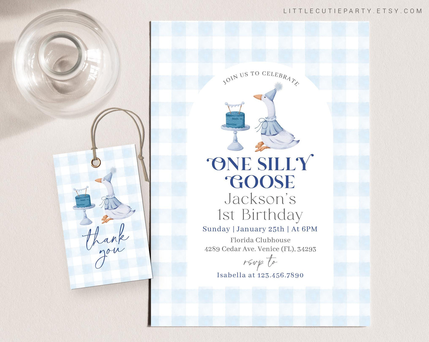 Editable One Silly Goose Birthday Invitation with Picture, Goose First Birthday Invitation, Goose Boy Birthday Invitation with Tag GOSBD002