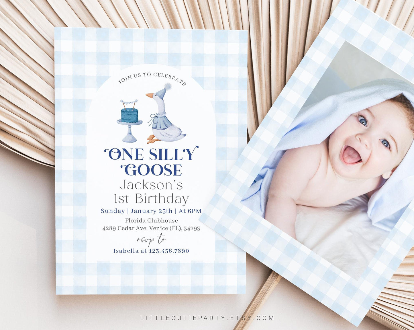 Editable One Silly Goose Birthday Invitation with Picture, Goose First Birthday Invitation, Goose Boy Birthday Invitation with Tag GOSBD002