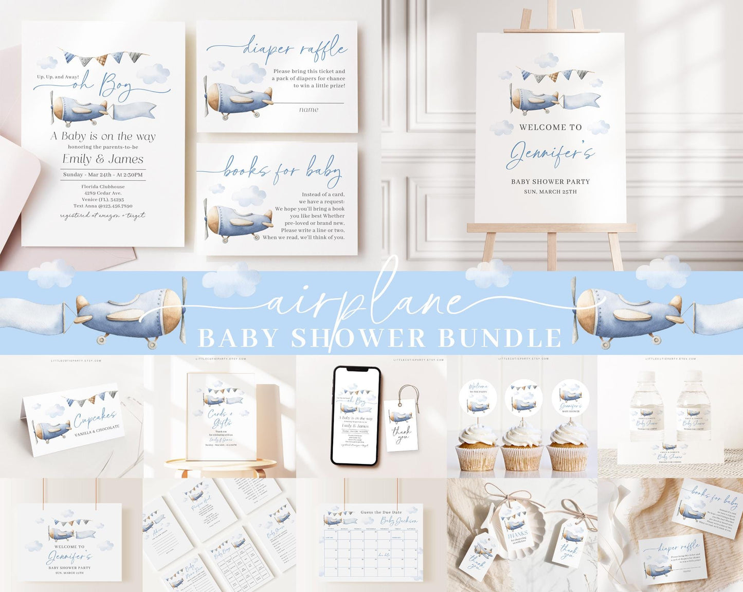 Editable Airplane Baby Shower Invitation Bundle, Airplane Baby Shower Bundle with Games and Baby Shower Decor APBS001