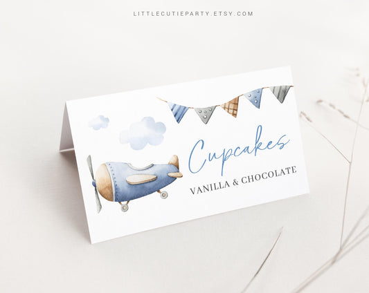 Editable Airplane Travel Food Labels, Food Tent cards, Folded Food Cards for Airplane Baby Shower Decorations Theme APBS001