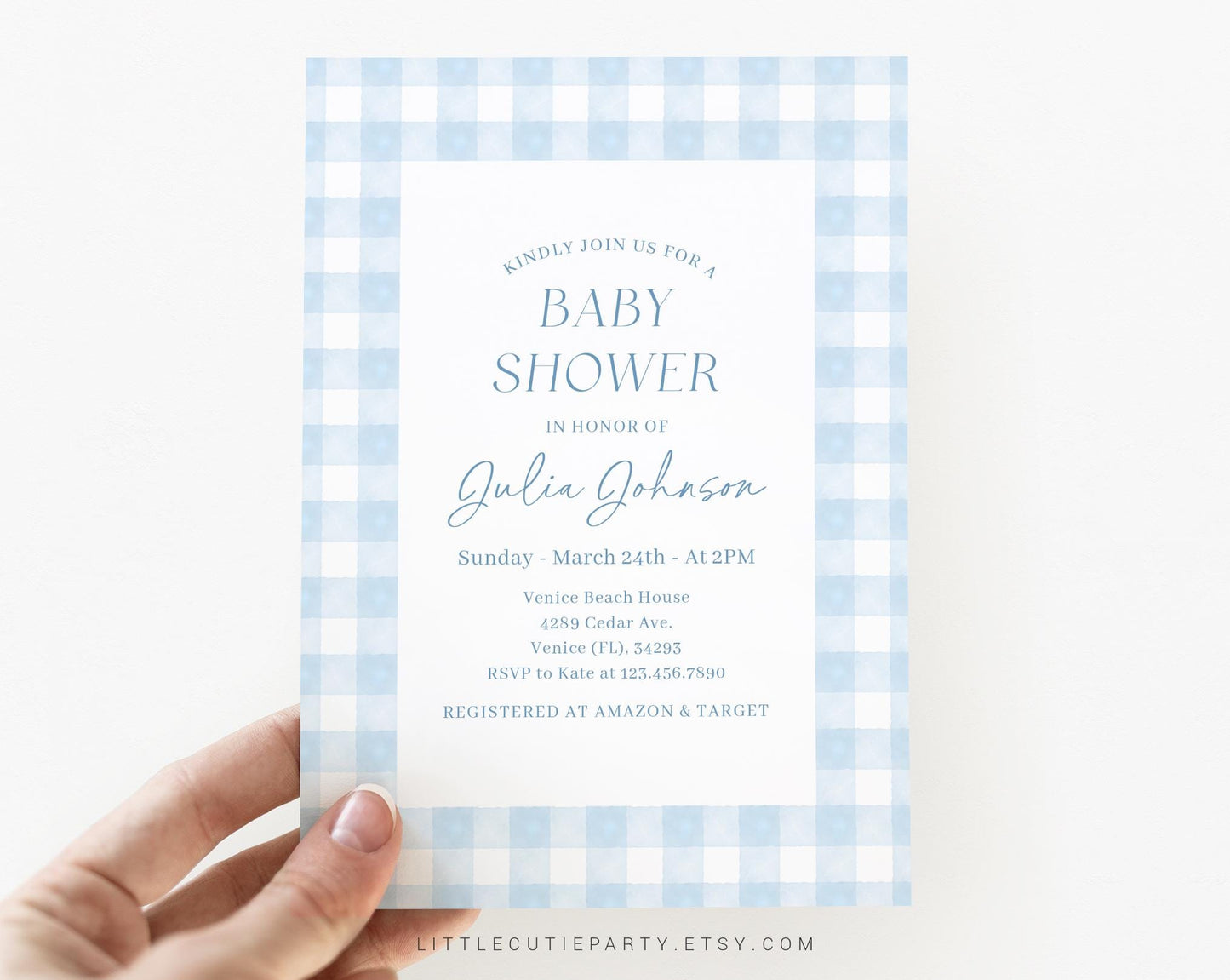 Editable Blue Gingham Baby Shower Invitation, Baby Blue Boy Baby Shower Invite, Gingham with Diaper Raffle, Books for Baby and Tag BGHBS002