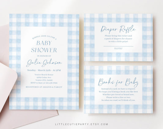Editable Blue Gingham Baby Shower Invitation, Baby Blue Boy Baby Shower Invite, Gingham with Diaper Raffle, Books for Baby and Tag BGHBS002
