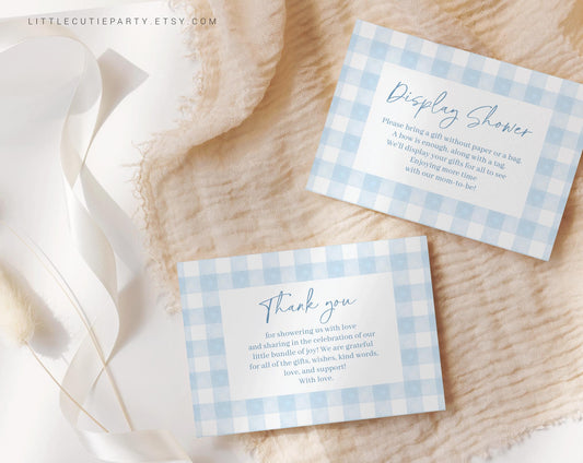 Editable Blue Gingham Baby Shower Thank you Card, Baby Shower Display Card for Blue Baby Shower Decor BGHBS002