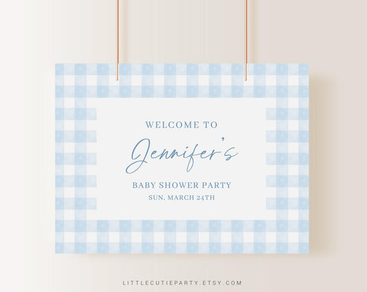 Editable Blue Gingham Baby Shower Backdrop, Blue Baby Shower Banner, Shower Sign for Blue Gingham Banner Welcome Sign BGHBS002