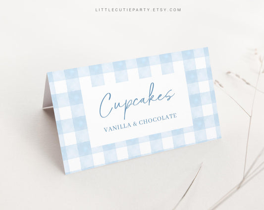 Editable Blue Gingham Baby Shower Food Labels, Food Tent cards, Folded Food Cards for Blue Baby Shower Decorations Theme BGHBS002