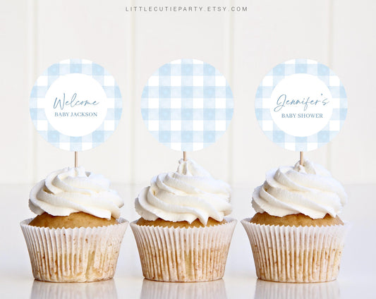 Editable Blue Gingham Cake Toppers, Blue Baby Shower Cupcake Toppers, Baby Shower Cake Topper, Cake Topper Decorations BGHBS002