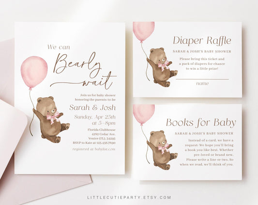 Editable We Can Bearly Grl Wait Baby Shower Invitation, Bearly Wait Pink Invite with Diaper Raffle, Books for Baby and Tag BRWBS003