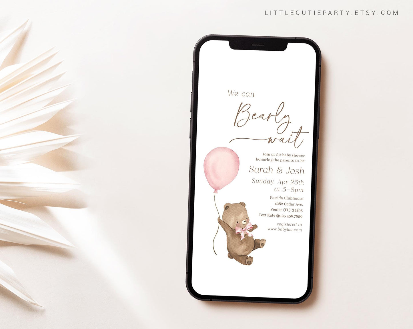 Editable Bearly Wait Girl Invite, We Can Bearly Wait Pink Baby Shower Invitation, Electronic Invite for Baby Shower Party with Tag BRWBS003