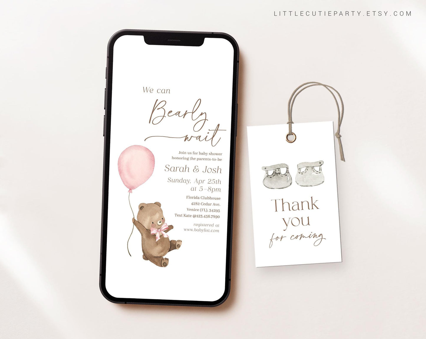 Editable Bearly Wait Girl Invite, We Can Bearly Wait Pink Baby Shower Invitation, Electronic Invite for Baby Shower Party with Tag BRWBS003