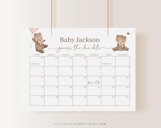 Editable Bearly Wait Girl Baby Shower Calendar, We Can Bearly Wait Pink Due Date Calendar, Due Date Calendar Game for Baby Shower BRWBS003