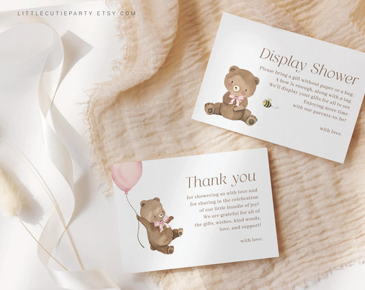 Editable We can Bearly Wait Girl Shower Thank you Card, Bearly Wait Pink Baby Shower Display Card for Baby Shower Party BRWBS003