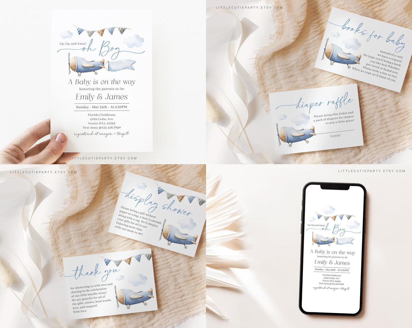 Editable Airplane Baby Shower Invitation Bundle, Airplane Baby Shower Bundle with Games and Baby Shower Decor APBS001