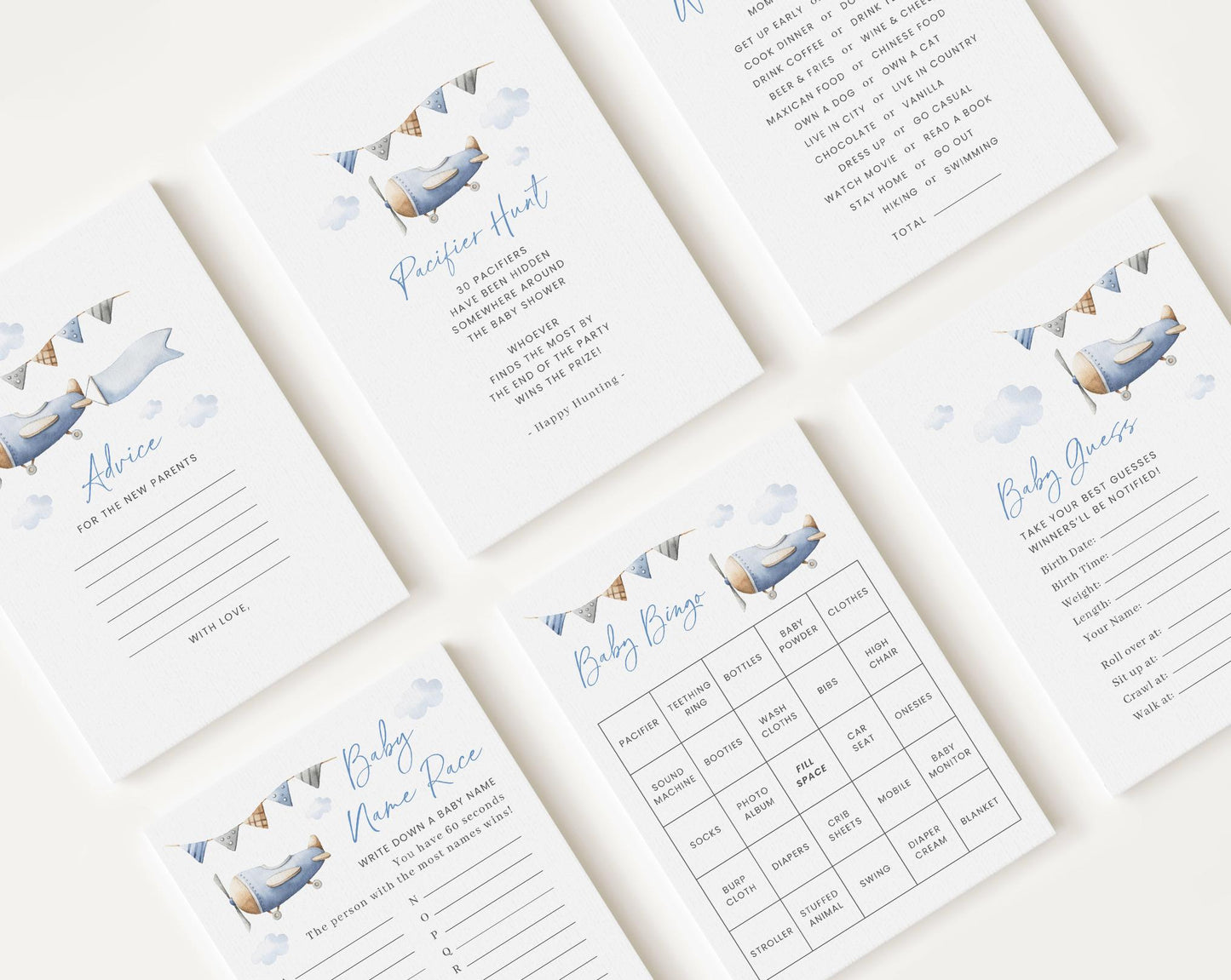 10 Editable Airplane Baby Shower Games Bundle, Airplane Baby Shower Bingo Games Bundle, Airplane Baby Shower Party Games APBS001