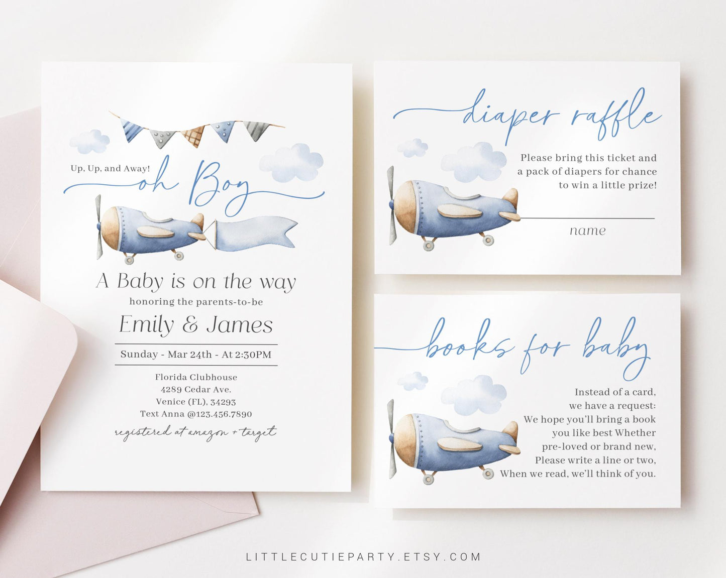 Editable Airplane Baby Shower Invitation, Airplane Baby Shower Invite with Diaper Raffle, Books for Baby and Tag APBS001