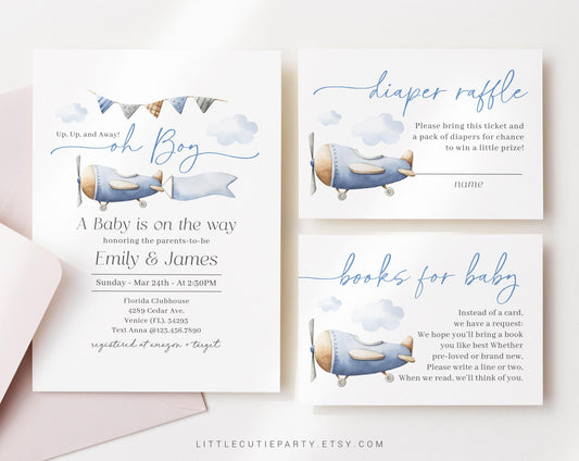 Editable Airplane Baby Shower Invitation, Airplane Baby Shower Invite with Diaper Raffle, Books for Baby and Tag APBS001