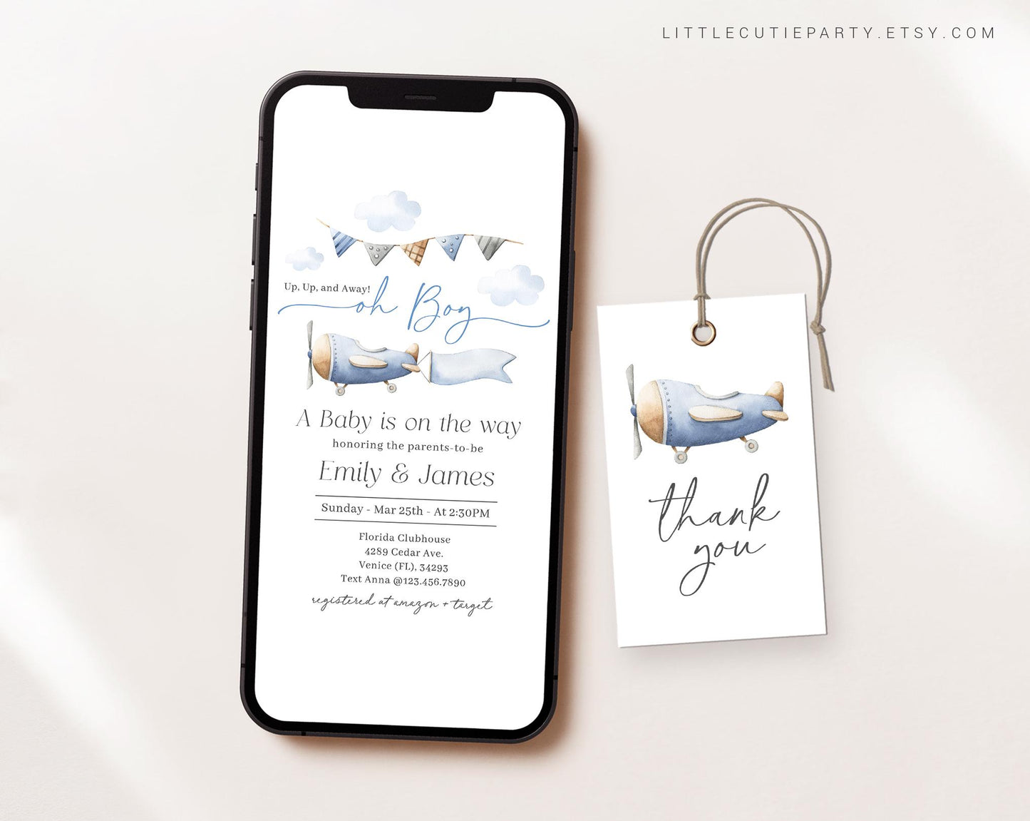 Editable Airplane Baby Shower Invite, Airplane Baby Shower Invite Set, Pilot Baby Shower Digital Invitation Evite APBS001