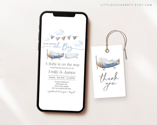 Editable Airplane Baby Shower Invite, Airplane Baby Shower Invite Set, Pilot Baby Shower Digital Invitation Evite APBS001