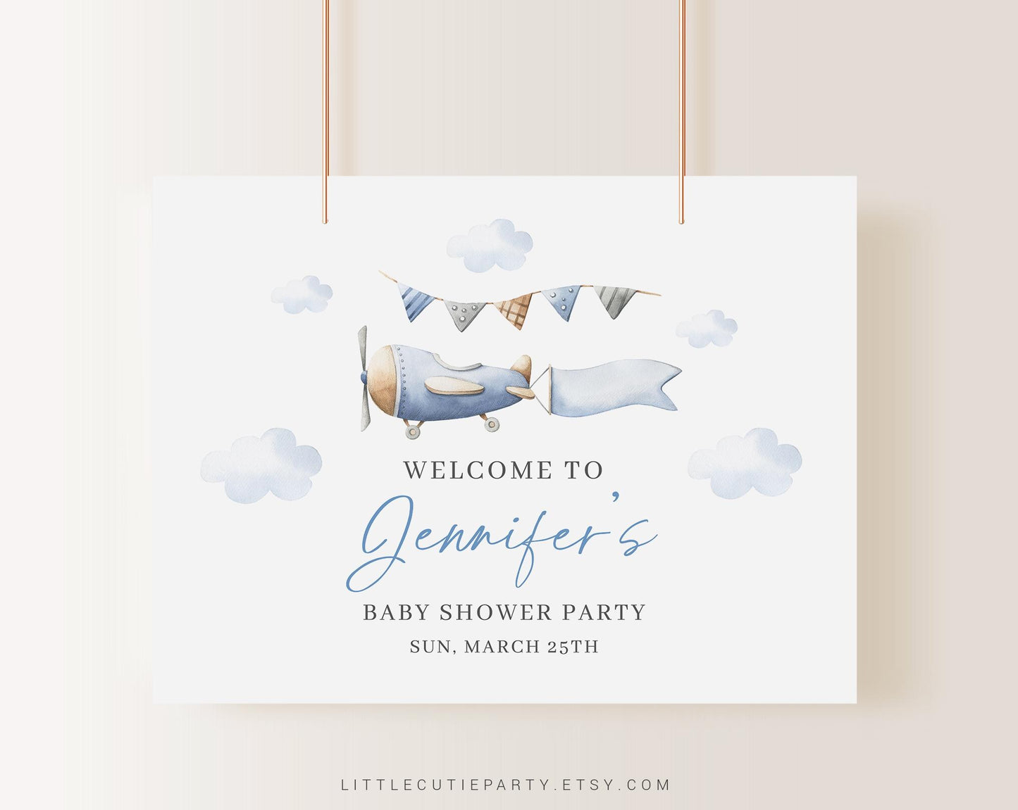 Editable Airplane Baby Shower Banner, Travel Baby Shower Backdrop, Shower Sign for Pilot Baby Shower Decorations APBS001