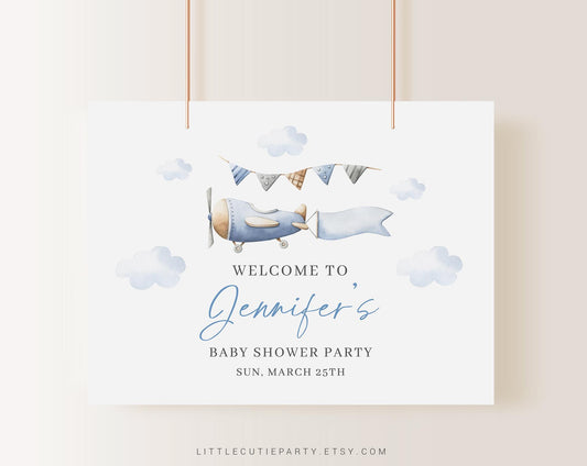 Editable Airplane Baby Shower Banner, Travel Baby Shower Backdrop, Shower Sign for Pilot Baby Shower Decorations APBS001