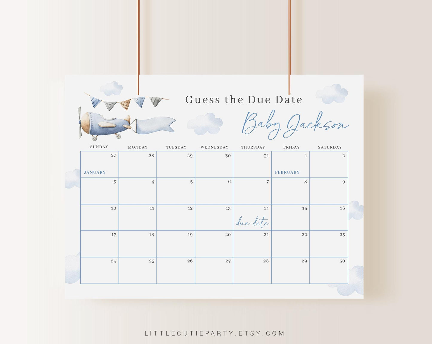 Editable Airplane Baby Shower Due Date Calendar, Airplane Baby Games, Due Date Calendar for Pilot Boy Theme APBS001