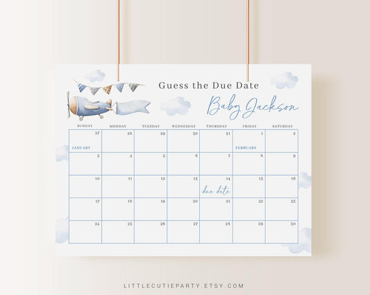 Editable Airplane Baby Shower Due Date Calendar, Airplane Baby Games, Due Date Calendar for Pilot Boy Theme APBS001