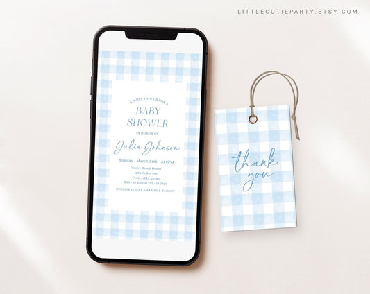 Editable Blue Gingham Baby Shower Invite, Blue Baby Shower Invitations, Baby Shower Digital Invitation Evite for Baby Blue Boy BGHBS002